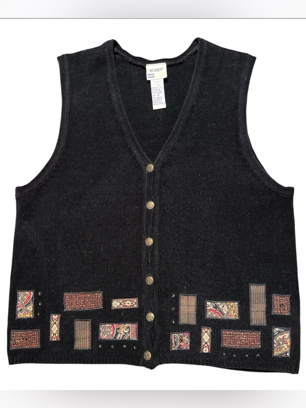 Vintage Koret Black Patchwork Button Front Sweater Vest Cabin-core Fall Layers M